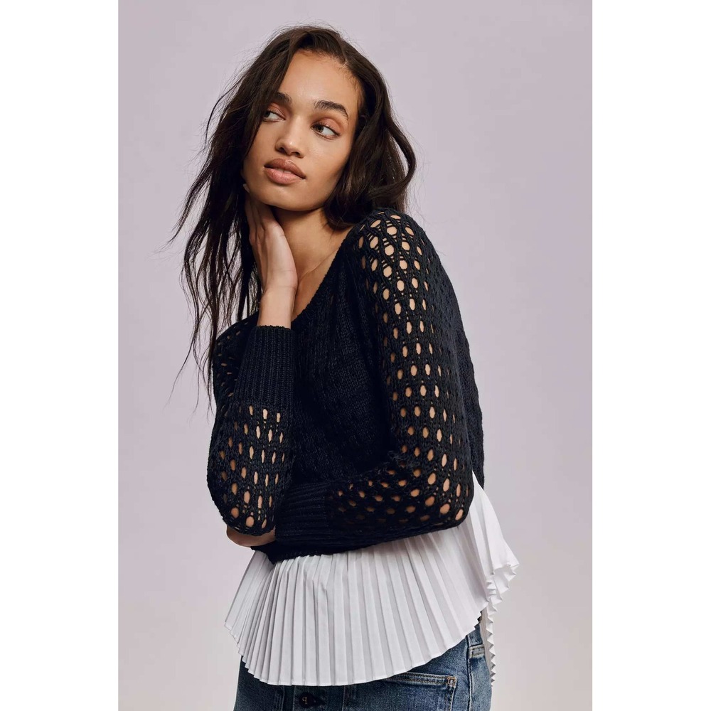 Anthropologie Maeve Layered Pleated Sweater Sz S Black White Twofer Cropped